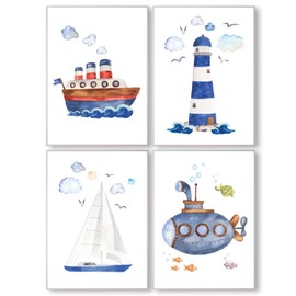 Pandawal Ahoi Poster Set of 4 DIN A4 Children's Pictures for Boys and Girls Children's Room Decoration Blue Maritime with Sea Seagulls Ship Lighthouse Submarine T18