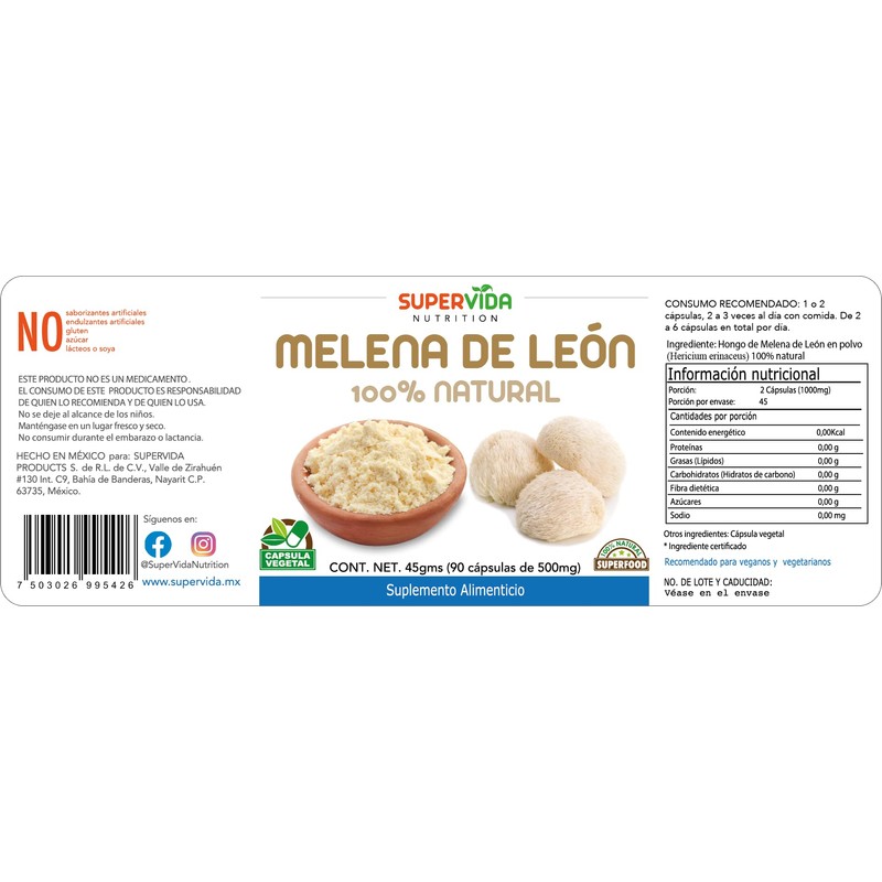 Hongo Melena de León 180 Cápsulas (2 Frascos de 90