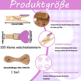 PWCTNT Wooden Pegs, Small, Wooden Clothespins, Pack of 101, Colour Heart Wooden Clothes Pegs with Jute Cords, 3.5 cm Multi-Purpose Mini Clothes Pegs for Photos, Postcards, DIY Decoration