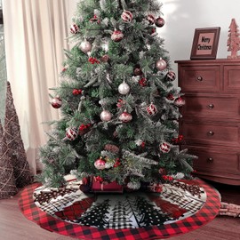 Lotusamber Christmas Tree Skirt 48 Inches Red and Black Buffalo Plaid Xmas Tree Skirts Xmas Pine Trees Fir Stars Tree Mat for Holiday Winter Party Indoor Outdoor Christmas Tree Decoration (Red, 48in)