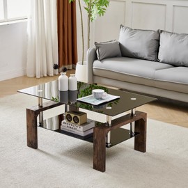 Living Room Rectangle Coffee Table, Tea Table Suitable for Waiting Room, Modern Side Coffee Table with Wooden Leg, Glass Tabletop with Lower Shelf.(Black Brown)