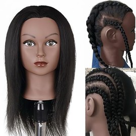 Cabeza De Maniquí Negra Con Cabello Para Trenzar, Cabeza De Maniquí De Cosmetología Con Cabello 100% Natural De 45 Cm(18") Preestirado, Ideal Para Entrenamiento En Trenzado. Incluye Soporte
