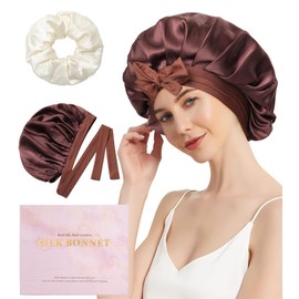 WELROG Silk Bonnet Sleep Cap, 100% Mulberry Silk Bonnet, Sleep Cap, Silk Hair Cap for the Night, Silk Scrunchie, dark brown