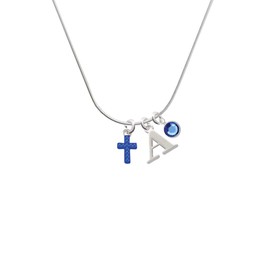 Delight Jewelry Silvertone Small Blue Crystal Cross - Silvertone Capital Initial Charm Necklace with Crystal Drop, 18"
