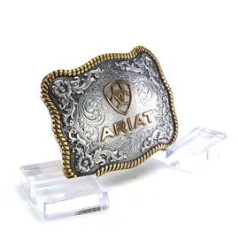 ARIAT Large Scalloped Shape Buckle with Logo, Floral and Scroll Detail, Twisted Rope Trim, 3.75"x 2.75"