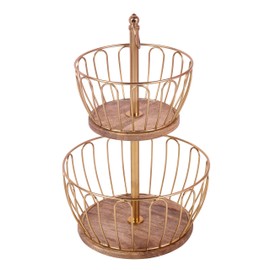 Craft Brio 2 Tier Home and Kitchen Fruit Vegetable Baskets Metal and Wooden Multicolor Black/Gold/Rose Gold Size (16.5 Inches Height) (Gold)