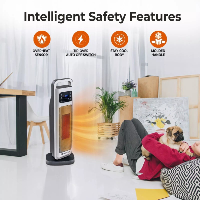 Comfort Zone 26" Oscillating Digital Tower Heater with Remote Control,