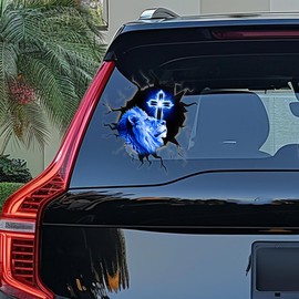 Premium Jesus Cracked Car Sticker Decals, Lion Looking at The Cross, 3D Lion Jesus Window Glass Vinyl Car Sticker, Jesus Christian Broken Glass Car Sticker Waterproof (6x6 inches)