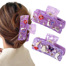 PANTIDE 2Pcs Music Hair Claw Clips for Women Girls - Singer Fans Gift Guitar Rhinestone Large Rectangle Nonslip PVC Hair Claw, Thin Thick Short Long Curly Accessories, Birthday Back To School Gift