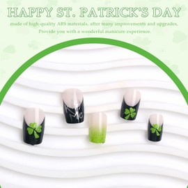 BFY Green Shamrock Press on Nails Medium Square St. Patrick's Day Fake Nails for Women, French Green Glitter Clover Lip Acrylic Nails Kit, Glossy Gel False Nails Irish Day Nail Decorations 24 Pcs