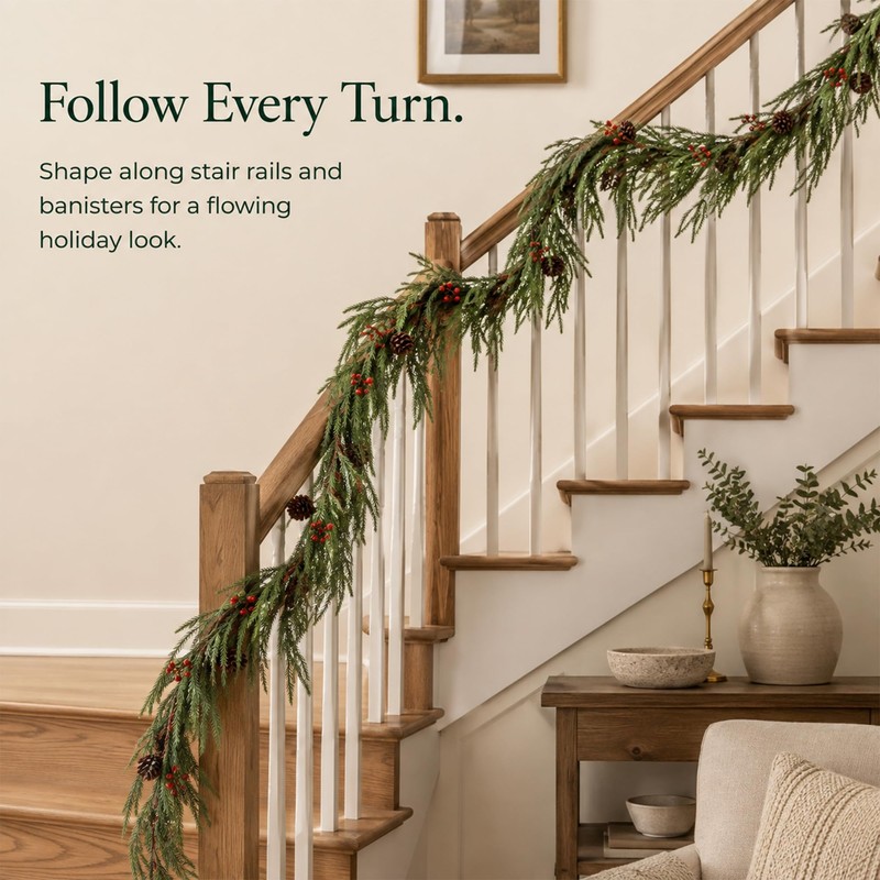 6FT Artificial Christmas Garland, Norfolk Pine with Berries and Pinecones