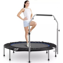 JHK 40" 48" Foldable Mini Trampoline for Adults Exercise Rebounder w/ Adjustable Bar - Blue, 40IN