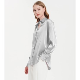 BeLockne Satin Blouse for Women, Womens Button Down Shirts Long Sleeve Silk Tops Business Casual Outfits Fashion 2024(Grey, X-Large)