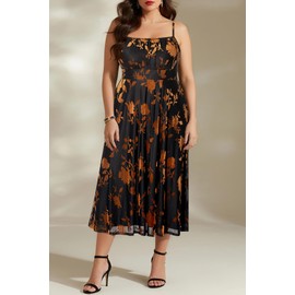 Talisea Plus Size Wedding Guest Cocktail Party Women's Summer Dress Brown Floral Velvet Sleeveless Spaghetti Strap Midi Dress