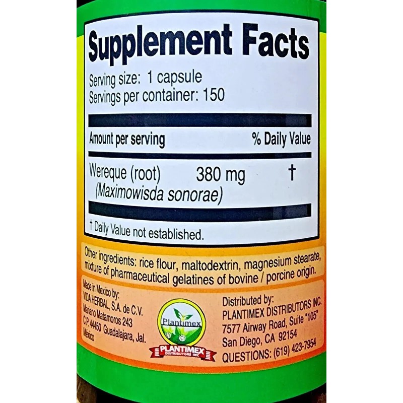 Vida Herbal (5) WEREKE 750 Capsules Wereque (Maximowisda Sonorae) 100%