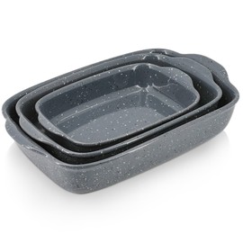 KROKORI Ceramic Bakeware Dish Set of 3, Rectangular Baking Casserole for Oven,High Heat Resistant,Lasagna Pan Deep with Handles,Handcraft Speckle Series (13.8''/12''/9.6''Grey)