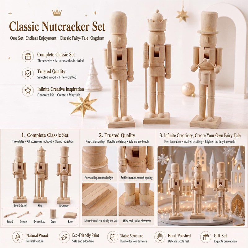 Pinkunn 15.5 Inch Large Unfinished Wood Nutcracker Set of 3-