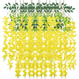 LUZOGA Wisteria Hanging Flowers 12 Pack Wisteria Artificial Flowers Fake Silk Flowers String Vine Ratta Hanging Garland for Home Garden Party Wedding Backdrop Arch Decor (Yellow)