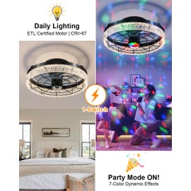 Disco Ceiling Fans with Lights,7 Color Disco Ball Modes, Flush Mount Low Profile Ceiling Fan with Light and Remote Control Dimmable 3 Color Reversible Motor 6 Speeds for Bedroom Living Room Party