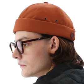 UNDERCONTROL Vintage Brimless Sailor Fisherman Leon Hat Rolled Cuff Harbour No Visor Miki Skull Docker Leather Strap Beanie Cap for Men & Women - Made in Korea - (Brick)