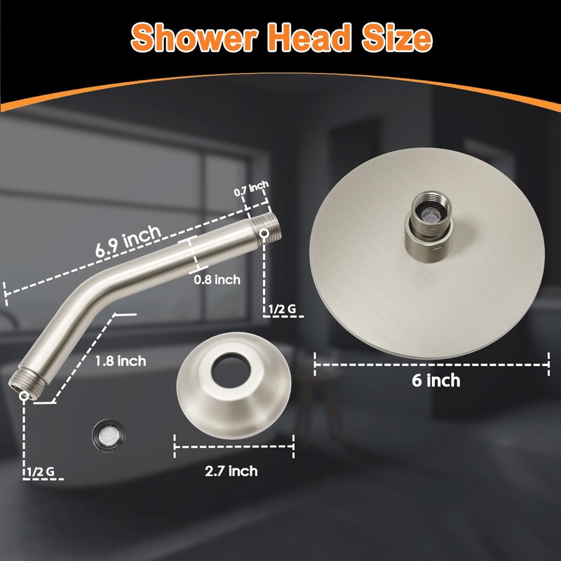 Drettyer 6 Inch Round Rainfall Shower Head with Stainless Steel
