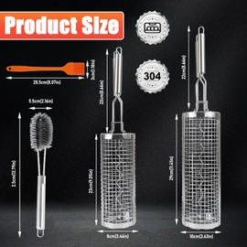 Set of 2 Grill Basket Set with Stainless Steel Handle, Side Opening Design Roller Grill Basket with Cleaning Brush, Grill Accessories for Vegetables, Meat and Seafood on the Outdoor Grill, Gifts for