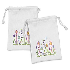 Ambesonne Cartoon Fabric Pouch Set of 2, Floral Fun Print with Colorful Flowers Illustration Whimsical Summer Ornament, Small Drawstring Bag for Toiletries Masks and Favors, 9" x 6", Multicolor
