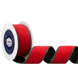 VATIN Red Velvet Wired Ribbon 1.5" Metallic Red Green Velvet Christmas Ribbon for Floral Arrangements Wrapping Gifts Stylish Decor Creation -Continuous 5 Yards