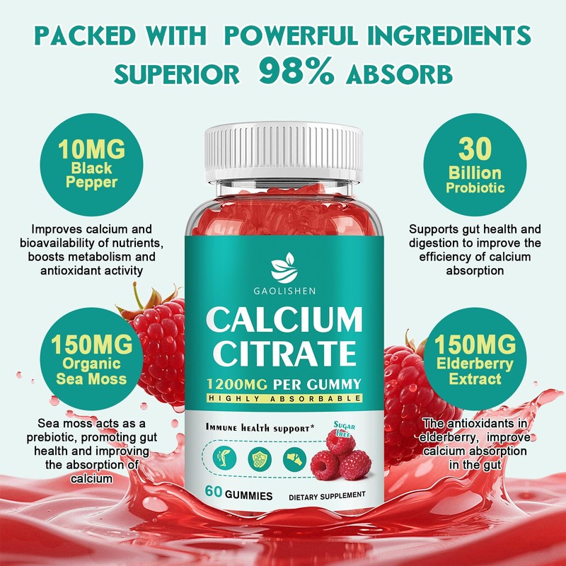 Sugar Free Calcium Citrate 1200mg with Vitamin D3 Supplements Gummies,