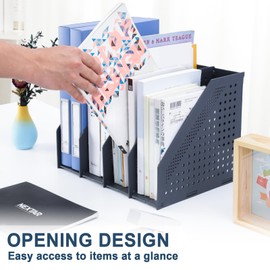 FRETONBA Collapsible Magazine File Holder with 4 Vertical Compartments Foldable Binder Holder for Desk Binder Storage Organizer Plastic Magazine Holders for Shelf, Dark Gray