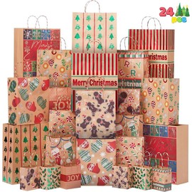 Assorted Sizes Christmas Foil Kraft Gift Bags with Twine Handles - 24 Pack