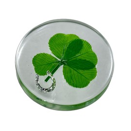 Real Four Leaf Clover Good Luck Pocket Token, Preserved, 1.25”, Including Metal Horseshoe Object (Silver)