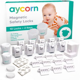 AYCORN Magnetic Safety Lock for Children & Babies, for Cupboard & Drawer, 10 Locks & 2 Keys Easy Assembly Bonus Assembly Video Modern Furniture Lock Without Drilling or Screws