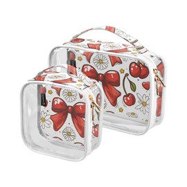 2 Pack Clear Makeup Bag, Red Cherry Bow Flowers Car Pouches for Organization Waterproof Travel Toiletry Bags Cosmetic Case for Women