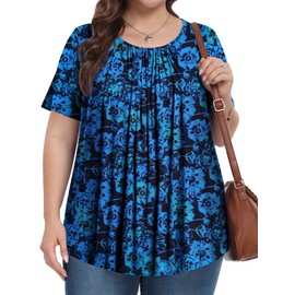 PEVRL Womens Plus Size Tops Summer Shirts Tunic Short Sleeve Crew Neck Loose Fit Blouse Vintage Gradient Flower 3X