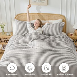 MILDLY Jacquard Stripe Duvet Cover - 100% Washed Cotton Boho Textured Comforter Cover 3pcs with Zipper Closure 90"x90"