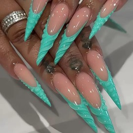 Green French Tips Press on Nails Long Stiletto Fake Nails with 3D Water Ripple Design Glossy Skin Tones False Nails Summer Stick on Nails Full Cover Acrylic Glue on Nail for Women Girls Manicure 24Pcs