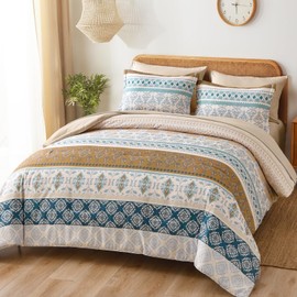 WONGS BEDDING Boho Comforter Set Full, 7 Pieces Bed in a Bag Beige Comforter Set Bohemian Floral Comforter and Sheet Set Striped Bedding Soft Microfiber Complete Set for All Seasons 78"x90"