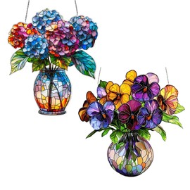 ANNUOZE 2PCS Flower Flat Acrylic Window Hanging, 2D Flat Colorful Flower Pot Decor, Indoor Wall Hanging Ornament, Window Art for Home Plant Lovers