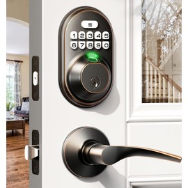 Veise Fingerprint Door Lock with 2 Lever Handles, Keyless Entry Keypad Electronic Deadbolt, Front Door Lock Set, Easy Installation, Oil Rubbed Bronze