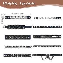 PLIGREAT 10 Pcs Leather Punk Bracelet Black Gothic Steampunk Buckle Wristband Cuff Bangle Retro Adjustable Cool Rock Cuff Bracelets for Men Women Cosplay Night Club Party Favors Gift
