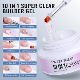 Clear Builder Gel for Nails: Sweet Trend 10 in 1 Hard Gel Scuplted Kit - 60g LED/UV Strengthen Nail Art for Base Rhinestone 3D Extension Sculpting Overlay Tips - Manicure Set with Forms & Brushes