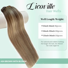 Sew in Hair Extensions Brown Balayage Blonde Weft Hair Extensions Real Human Hair Hand Tied Straight Ash Brown and Blonde Highlight Ombre Human Hair Weft Bundles Sew in 16 Inch 100G