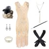 1920s Women's Gatsby Costume Flapper Dresses V Neck Fringed Dress with 20s Accessories Set of 7 Beige