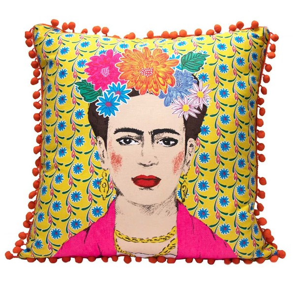 Talking Tables Frida Kahlo Cushion and Cover with Pom Poms Boho Decorative Cushion for Home Decor, Inspirational Women's Gifts, Bedroom, Sofa, Chair, Boho Cushion, Large Yellow