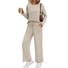 LILLUSORY Women's Sweatsuits 2 Piece Outfits Lounge Matching Sweat Sets Casual Sweatshirts and Wide Leg Sweatpants Tracksuit Sets 2025 Beige XL