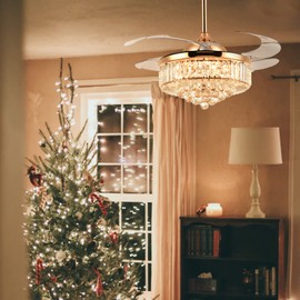 Siljoy 42 Inch Gold Fandelier Ceiling Fan with Light, Crystal Ceiling Fan with Lights and Remote, LED Dimmable Chandelier Fan with Invisible Reversible Fan Blades for Bedroom Living Room Dining Room