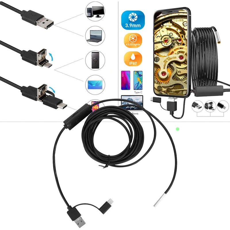 Cámara de Inspección Endoscopio 3 en 1, Boroscopio Impermeable IP67