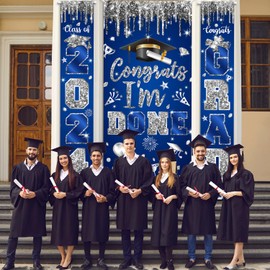 Blue and Silver Graduation Porch Sign Banner Graduation Decorations Class of 2024 Hanging Banner Blue Silver Congrats I'm Done Door Cover for High School College Graduation Party Supplies (Blue Silver)