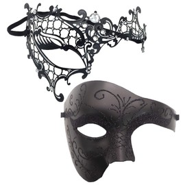 Coolwife Masquerade Mask Vintage Phantom of The Opera One Eyed Half Face Costume Masks (Couple X Black)
